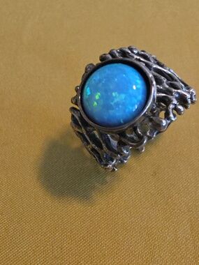 Handcrafted Brutalist-Style Sterling Silver Ring With Man-Made Opal